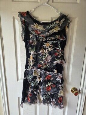 Made In Italy Silk Ruffle Tunic Dress Floral S/M Fairycore Distressed Grunge
